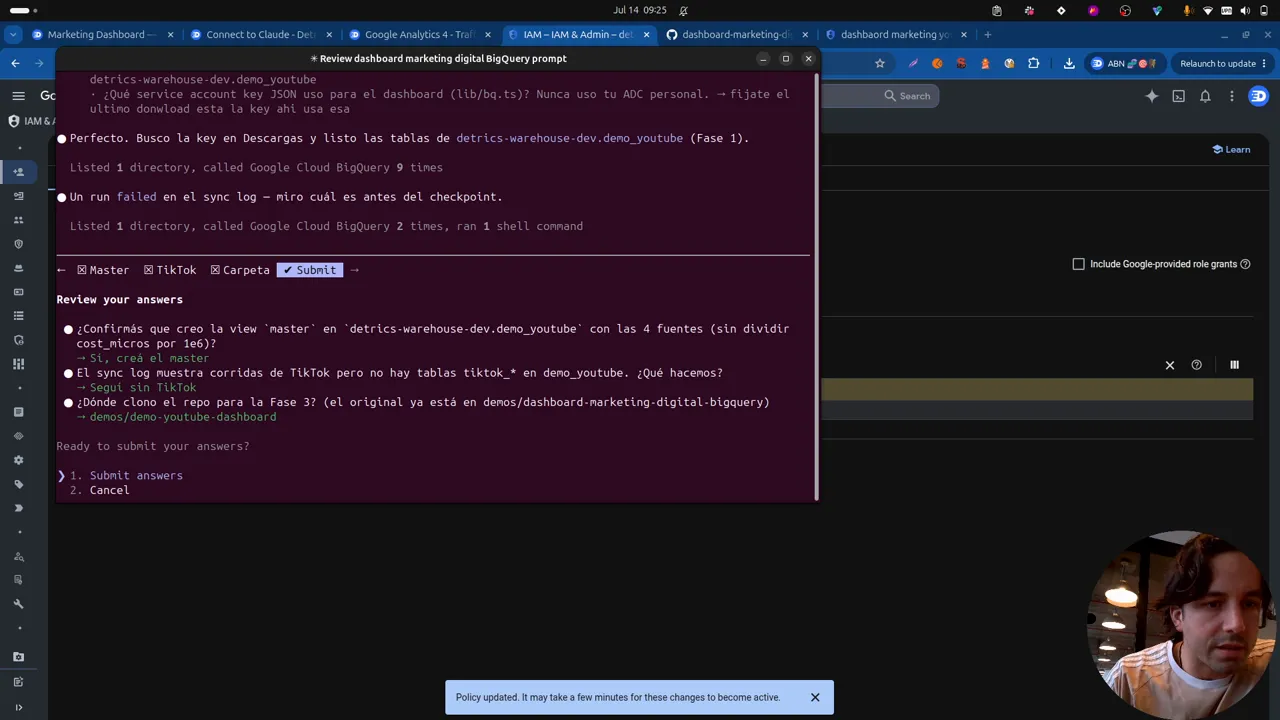 Claude Code working on the dashboard repo