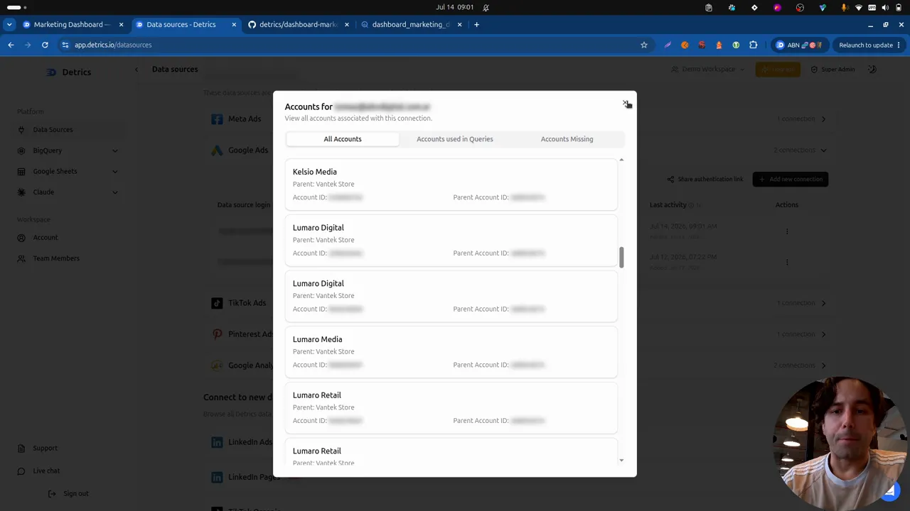 Connecting data sources in the Detrics web app