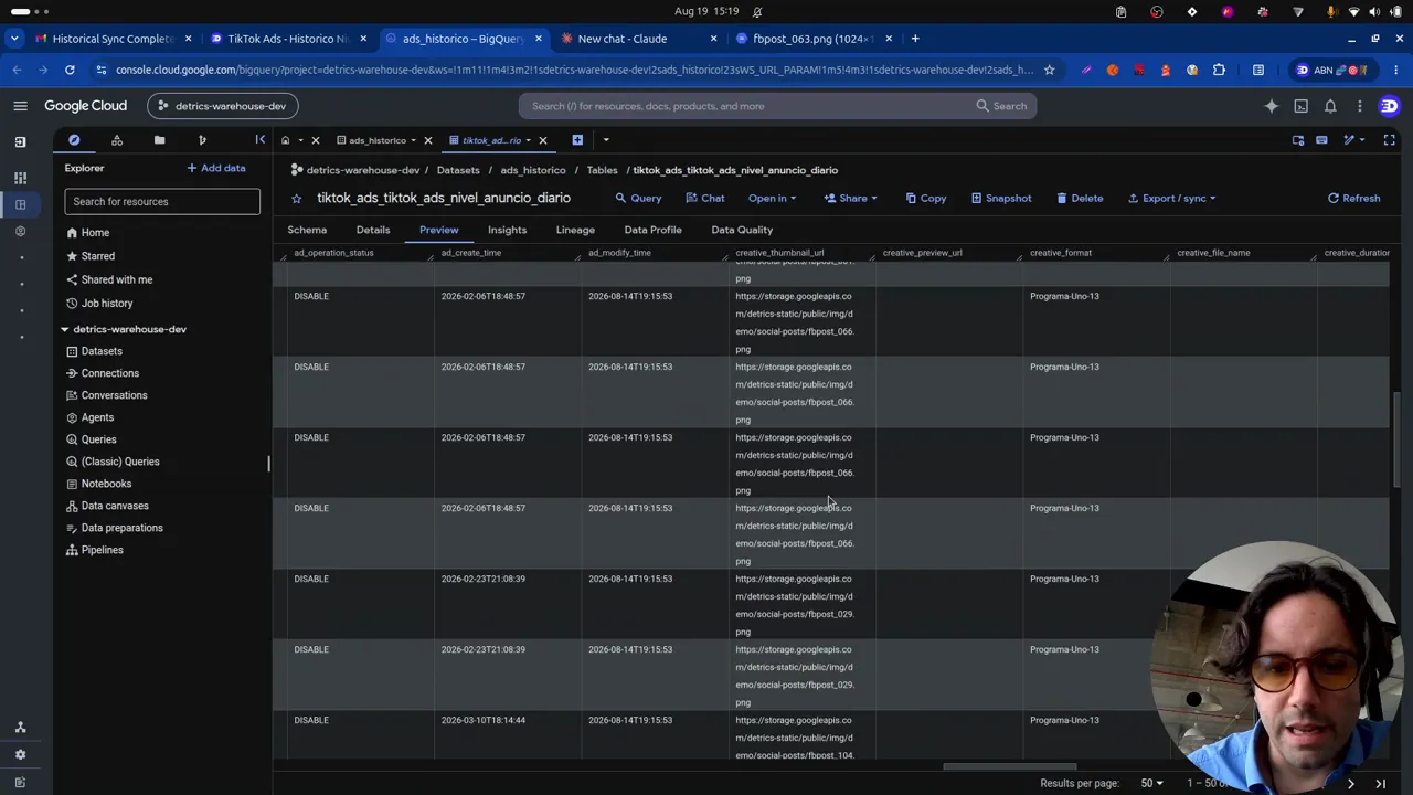 Preview in BigQuery: every ad's creative points to your own bucket
