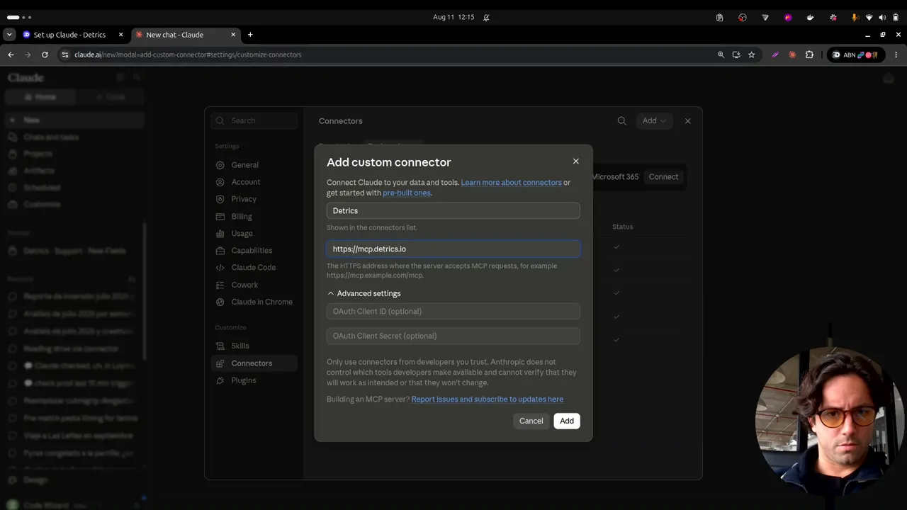 Setting up the Detrics custom connector in Claude